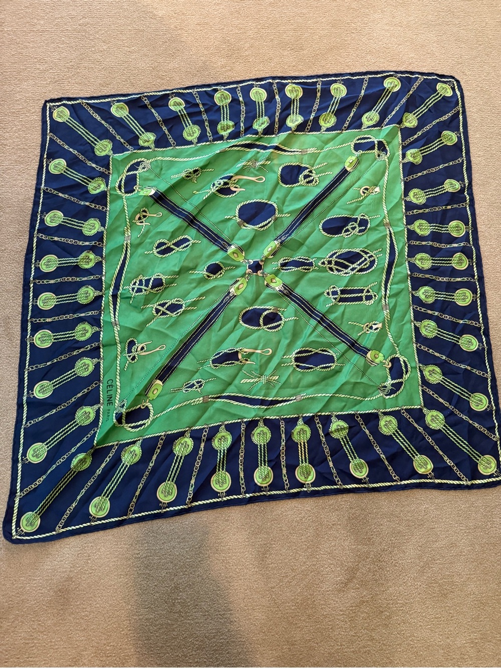 Celine Navy and Green Equestrian Print Silk Square